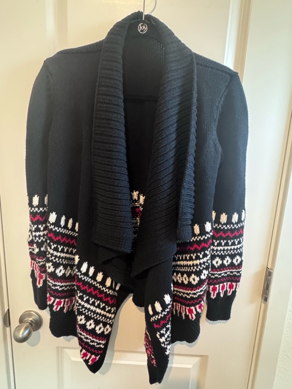 Ralph Lauren Black Open-Front Cardigan with Red and White Fair Isle